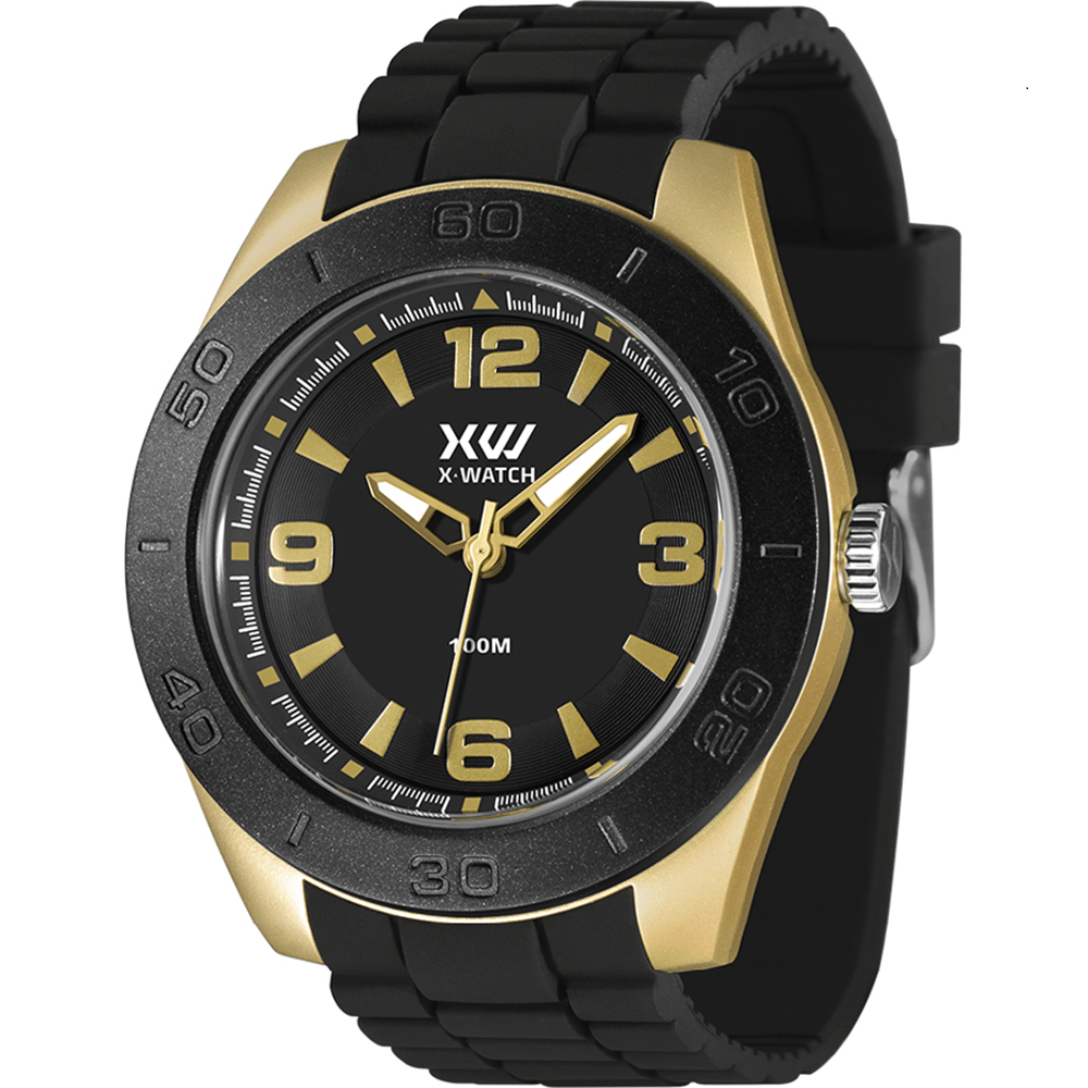 Relógio X-Watch Masculino Dourado Esportivo com Taquímetro Visor Preto Pulseira de Silicone em Poliuretano Á Prova d'água XMPP0041