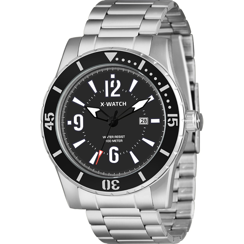 Relógio X-Watch Masculino Prateado Visor Preto com Calendário Aço Inoxidável á Prova D'água XMSS1069