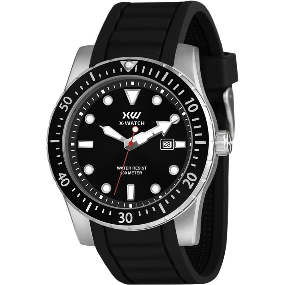 Relógio X-Watch Masculino Prateado Visor Preto com Calendário Pulseira em Silicone á Prova D'água XMSP1016