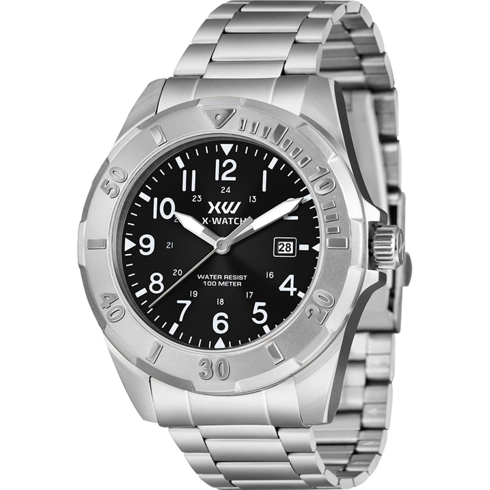 Relógio X-Watch Masculino Prateado Visor Preto com Calendário Todo Numerado Aço Inoxidável á Prova D'água XMSS1070
