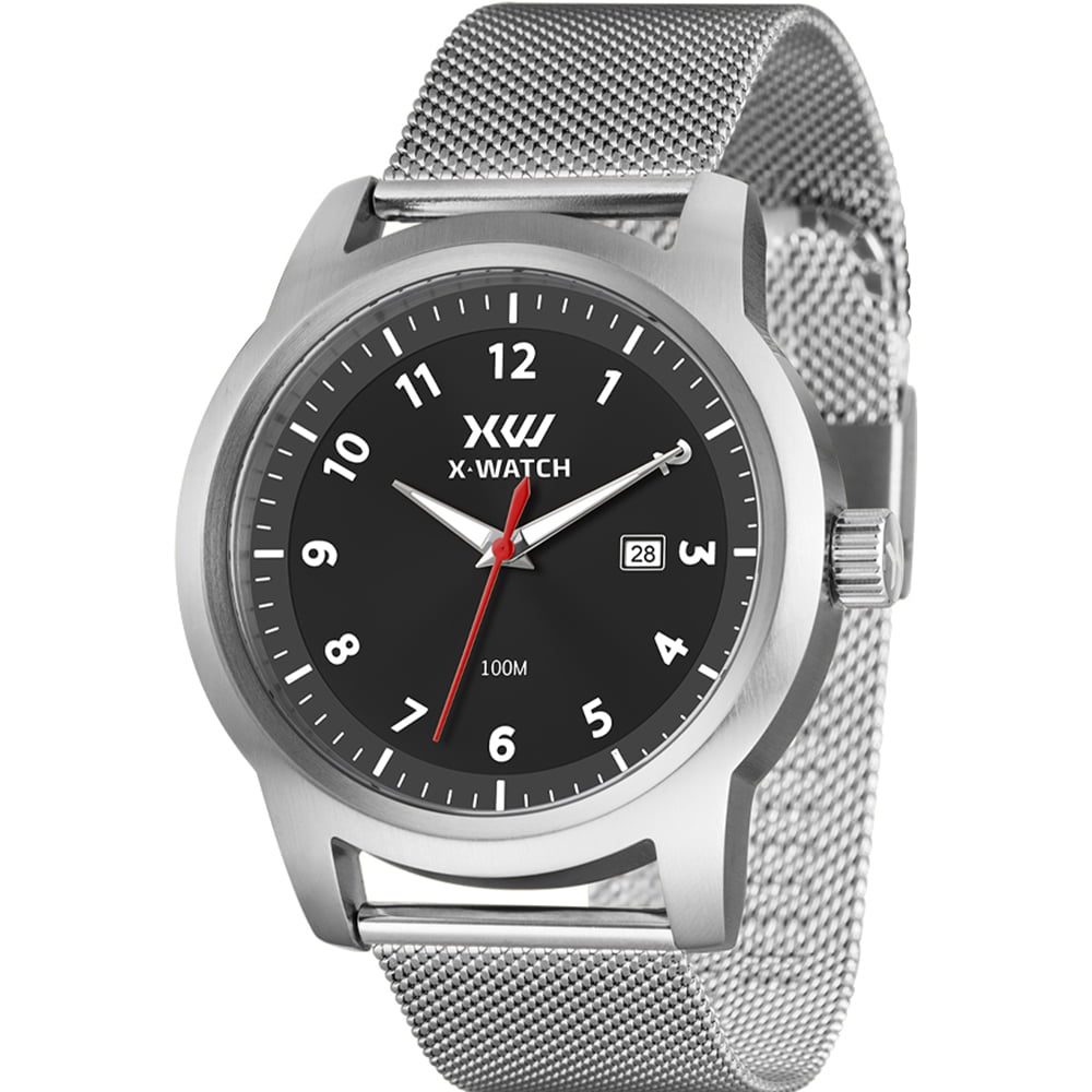 Relógio X-Watch Masculino Prateado Visor Preto com Calendário Todo Numerado Pulseira Milanesa  Aço Inoxidável á Prova D'água XMSS1066