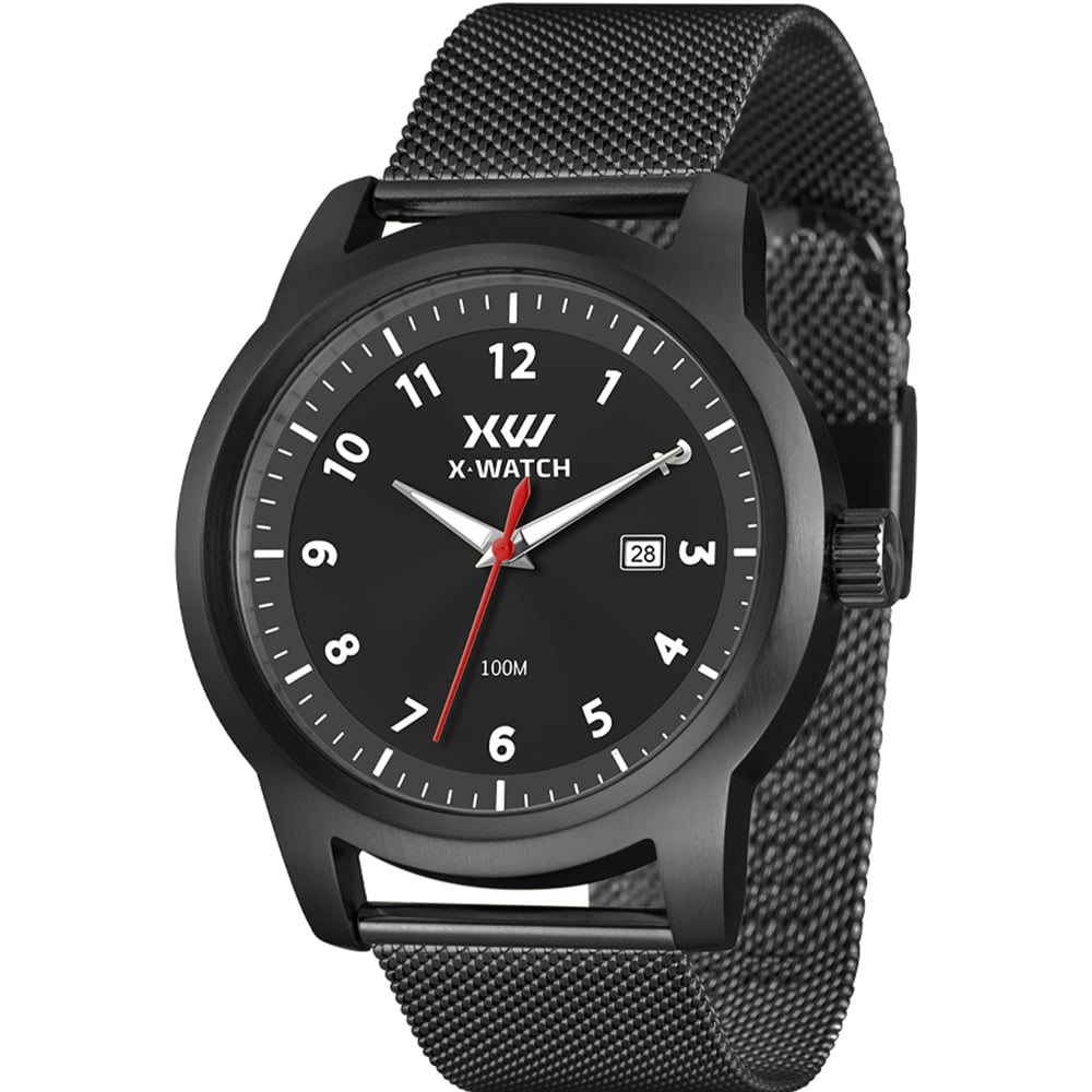 Relógio X-Watch Masculino Preto Visor Preto com Calendário Todo Numerado Pulseira Milanesa Aço Inoxidável á Prova D'água XMNS1011