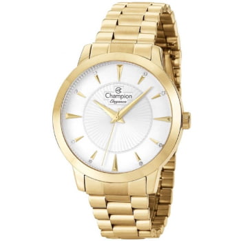 Kit Relógio Champion Elegance Feminino Dourado Minimalista Visor Branco com Cristais mais Bolsa Clutch Á Prova D'água CN25092G