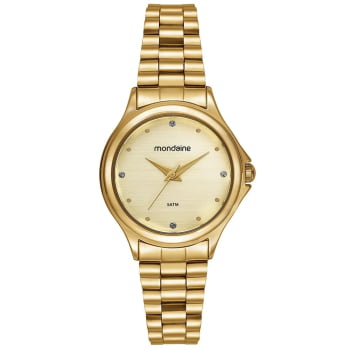 Kit Relógio Mondaine Feminino Dourado Visor Dourado Champanhe com Cristais Á Prova d'água 99762LPMVDE1