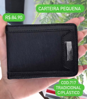 Carteira Masculina Couro Fino Preta Pequena Com Plástico Tradicional 717