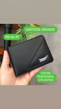 Carteira Masculina Couro Fino Preta Grande Tradicional Com Plástico 006