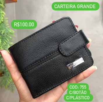 Carteira Masculina Couro Fino Grande com Botão e Plástico Preta 755