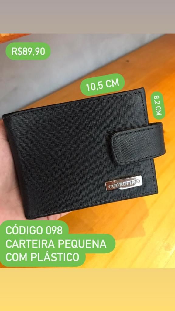 Carteira Masculina Couro Fino Pequena De Botão Com Plástico Preto 098