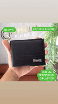 Carteira Masculina Couro Fino Preta Aberta Grande com Plástico 514