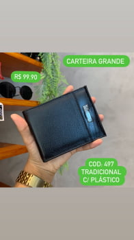 Carteira Masculina Couro Fino Preta Grande Com Plástico Tradicional 497