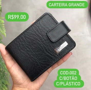 Carteira Masculina Couro Fino Grande de Botão com Plástico Preta 002