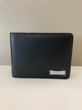 Carteira Couro fino Masculina Preta Grande Tradicional Com Plástico 002