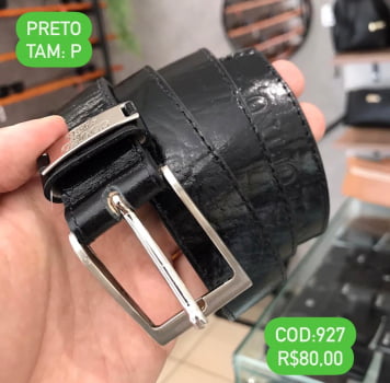 Cinto Couro Fino Masculino Social Preto texturizado Pequeno com Fivela Prateada  P927