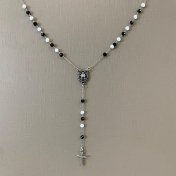 Colar Feminino Aço 316L Terço Pedras Brancas e Pretas 50cm 451950 