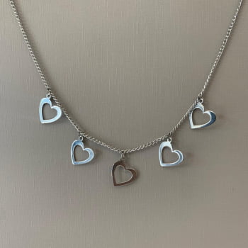 Colar Feminino Prateado Aço 316L Groumet Corações Vazados 14x12mm 45cm 2930045