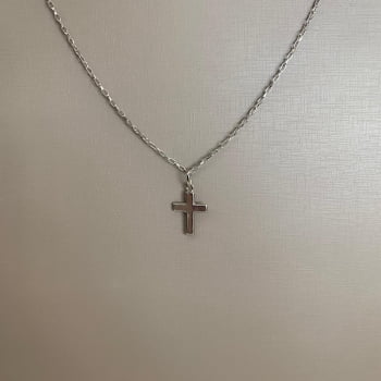 Colar Masculino Prateado em Aço 316L Corrente em Elos Ovais 1.70mm Pingente de Cruz 60cm 2757060