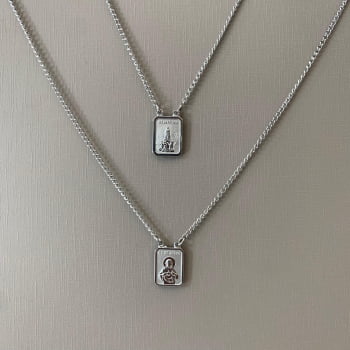Escapulário Aço 316L Quadrado Prateado Sagrado Coração de Jesus e Nossa Senhora de Fatima 60cm 14x11mm 2795960