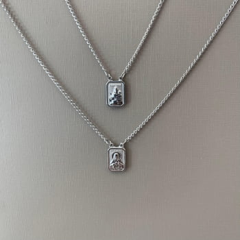 Escapulário em Aço 316L Prateado Mini Sagrado Coração de Jesus e Nossa Sra do Carmo 60cm 2792360