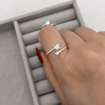 Anel Feminino Zircônias Coração e Redonda Cristal Regulável G em Prata 925 AN1426