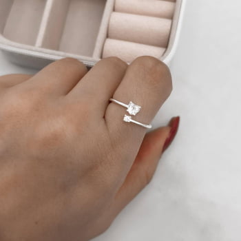 Anel Feminino Zircônias Coração e Redonda Cristal Regulável P em Prata 925 AN1425