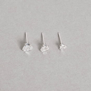 Brinco Feminino Trio Zircônias Coração Cristal  4, 5 e 6mm Prata 925 TR33