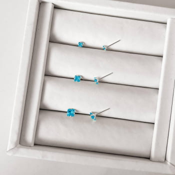 Brinco Feminino Trio Zircônias Quadradas Azul 3, 4 e 5mm em Prata 925 TR165