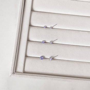 Brinco Feminino Trio Zircônias quadradas Lilás 3, 4 e 5mm em Prata 925 TR168
