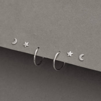 Brinco Prata 925 Feminino Trio Lua, Estrela e Argola TR13