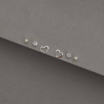 Brinco Prata 925 Feminino Trio Pérola, Zircônia e Coração Vazado TR68