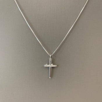 Colar em Prata 925 Masculino Pingente Cruz Escrito Amém 60cm CR471