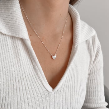 Colar Feminino Coração Metade Cravejado 10mm 45cm em Prata 925 CO1155