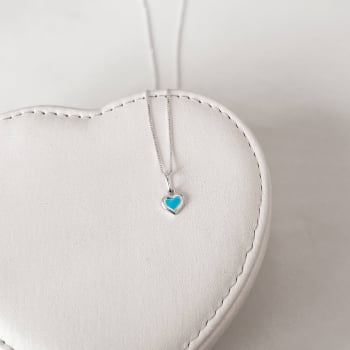Colar Feminino Pingente Coração Resina Azul 8mm 40cm Prata 925 CO2827