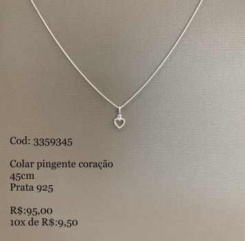 Colar Feminino Pingente Coração Vazado com Corrente Veneziana 45cm em Prata 925 3359345 Colar Feminino Pingente Coração Vazado com Corrente Veneziana 45cm em Prata 925 3359345