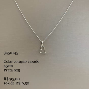 Colar Feminino Pingente Coração Vazado com Corrente Veneziana 45cm em Prata 925 3450145 Colar Feminino Pingente Coração Vazado com Corrente Veneziana 45cm em Prata 925 3450145
