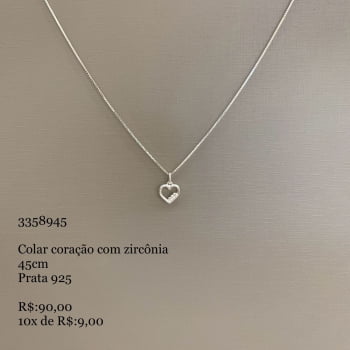 Colar Feminino Pingente Coração Vazado com Zircônia Corrente Veneziana 45cm em Prata 925 3358945 Colar Feminino Pingente Coração Vazado com Zircônia Corrente Veneziana 45cm em Prata 925 3358945