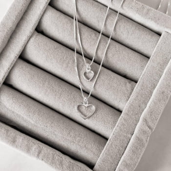 Colar Feminino Pingente Duplo Corações Vazados 45cm com Extensor em Prata 925 CO2911