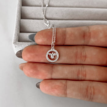Colar Feminino Pingente Medalha Espírito Santo Cravejado 11mm Corrente Cadeado 40cm Prata 925 CO3289