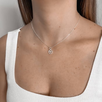 Colar Feminino Pingente Medalha Espírito Santo Cravejado 11mm Corrente Cadeado 40cm Prata 925 CO3289