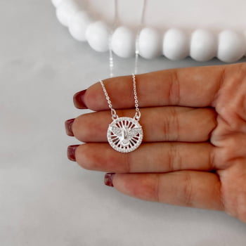 Colar Feminino Pingente Medalha Espírito Santo Cravejado 16mm Corrente Cadeado 40cm com Extensor em Prata 925 CO3048