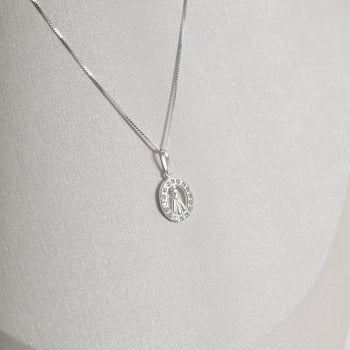 Colar Feminino Pingente Medalha Nossa Senhora Aparecida Vazada Cravejada 12mm 45cm Prata 925 CO2421