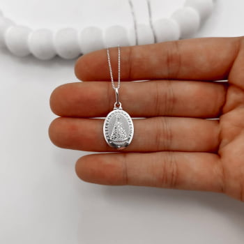 Colar Feminino Pingente Medalha Nsa. Sra. Aparecida 20mm 45cm em Prata 925 CO1685