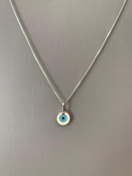 Colar Feminino Pingente Medalha Olho Grego Resina 9mm 45CM Prata 925 CO18-