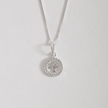Colar Feminino Pingente Medalha Vazada Árvore da Vida cravejada 12mm 45cm em Prata 925 CO1292