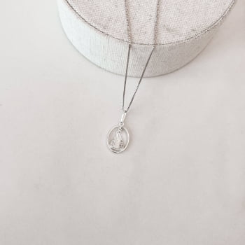 Colar Feminino Pingente Nsa. Sra. Aparecida Oval Cravejada 45cm em Prata 925 CO299