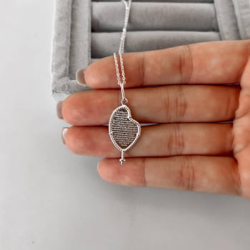 Colar Feminino Pingente Terço Pai Nosso 26mm Corrente Cadeadinho 45cm em Prata 925 CO3235
