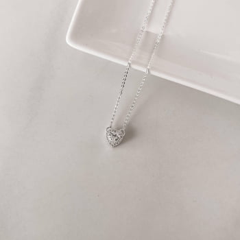 Colar Feminino Pingente Zircônia Coração com Cravejado 9mm Corrente Cadeado 40+5cm com Extensor em Prata 925 CO3306
