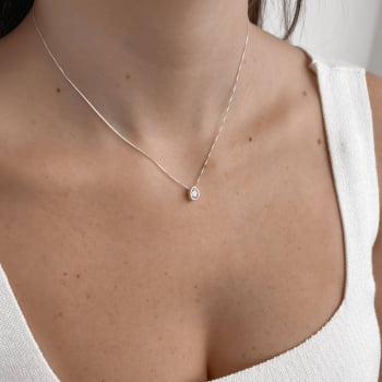 Colar Feminino Pingente Zircônia Gota Embutida 7mm 40cm em Prata 925 CO3388
