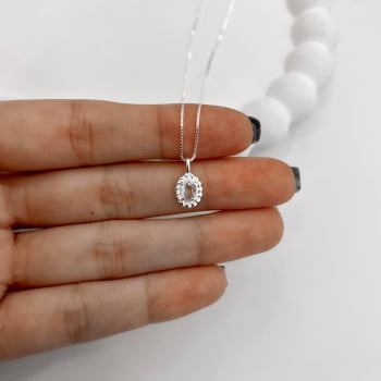 Colar Feminino Pingente Zircônia Oval Cristal Detalhe Torcido 10mm 45cm em Prata 925 CO3504