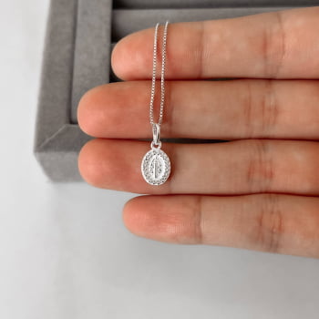 Colar pingente medalha Nsa. Sra. das Graças cravejada 10mm 40cm em Prata 925 CO1795