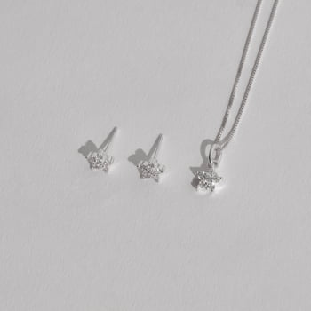 Conjunto Brinco e Colar Feminino Flor Cravejado 7mm 40cm Prata 925 CJ270